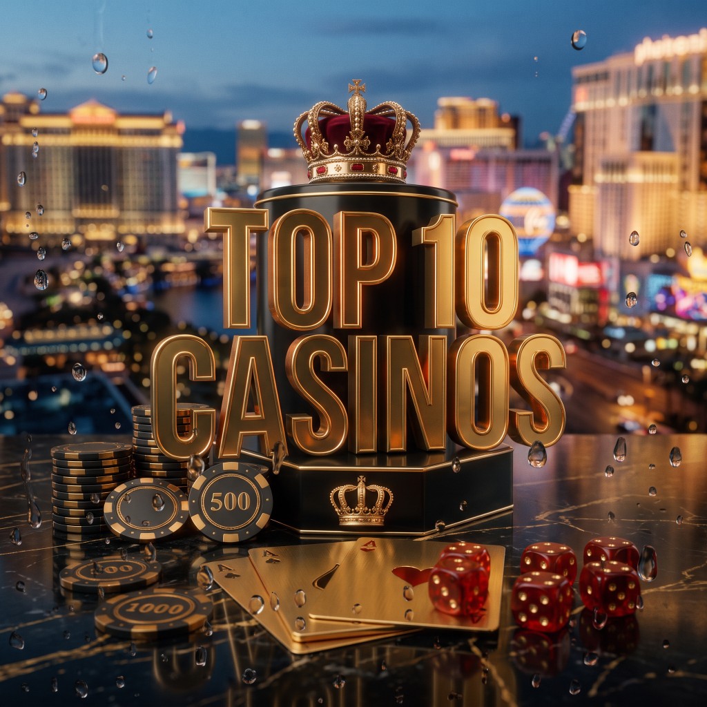 Gold lettering with chips, cards and dice against a night city skyline